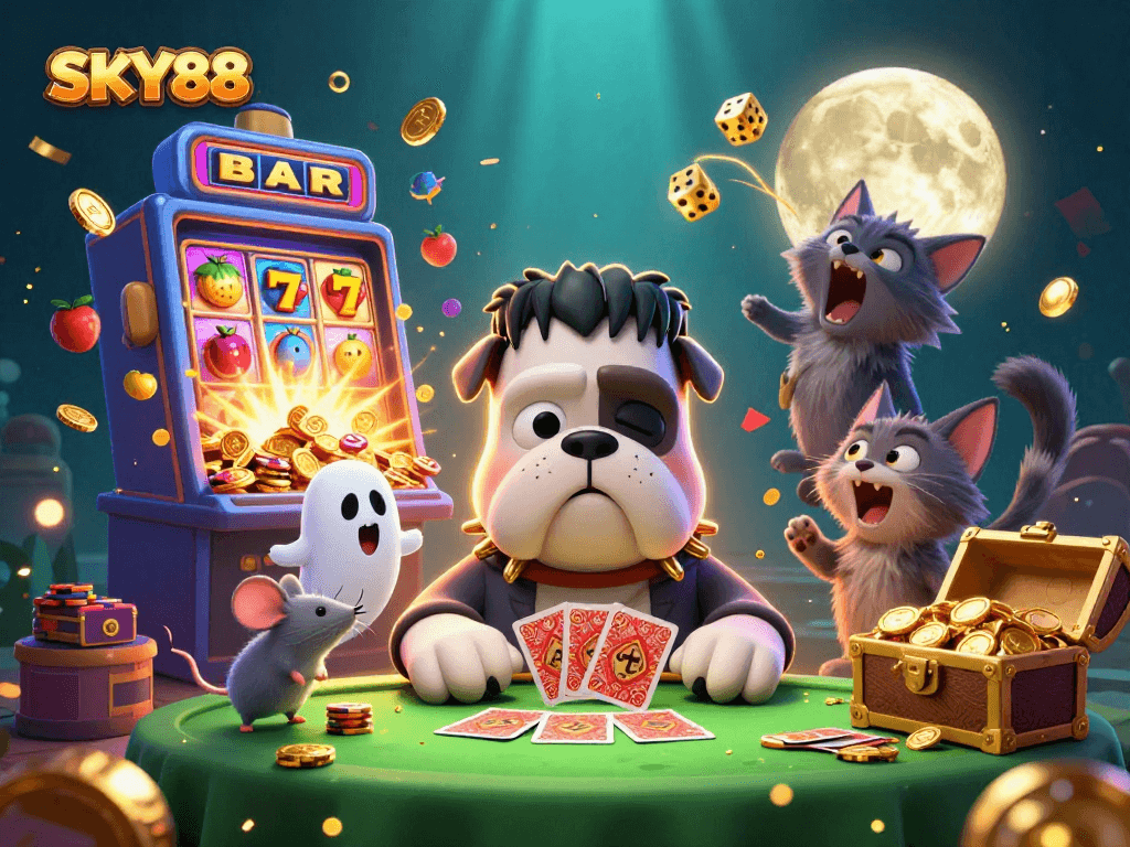 SKY88's engaging casino scene depicts a Frankenstein bulldog dealing cards amid slot machine excitement.