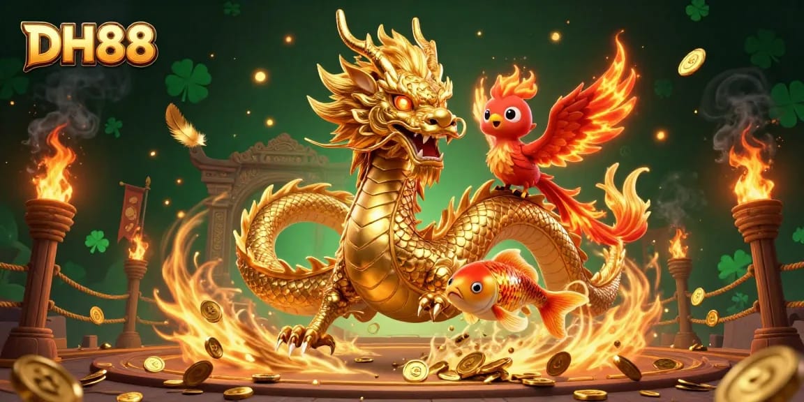 Experience thrilling wins at DH88 with a golden dragon soaring through a shower of coins in this dynamic casino scene.
