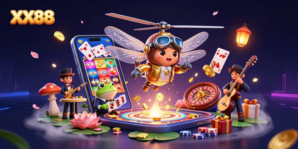 Win big with XX88 at a vibrant lily pad casino featuring colorful slot games and a lively atmosphere.