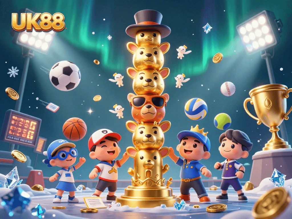 Action-packed UK88 casino scene with a dynamic totem pole and sports betting elements.