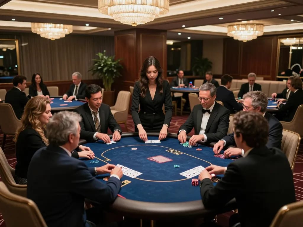 GO8 players strategizing at an upscale poker table surrounded by luxury decor and ambient lighting