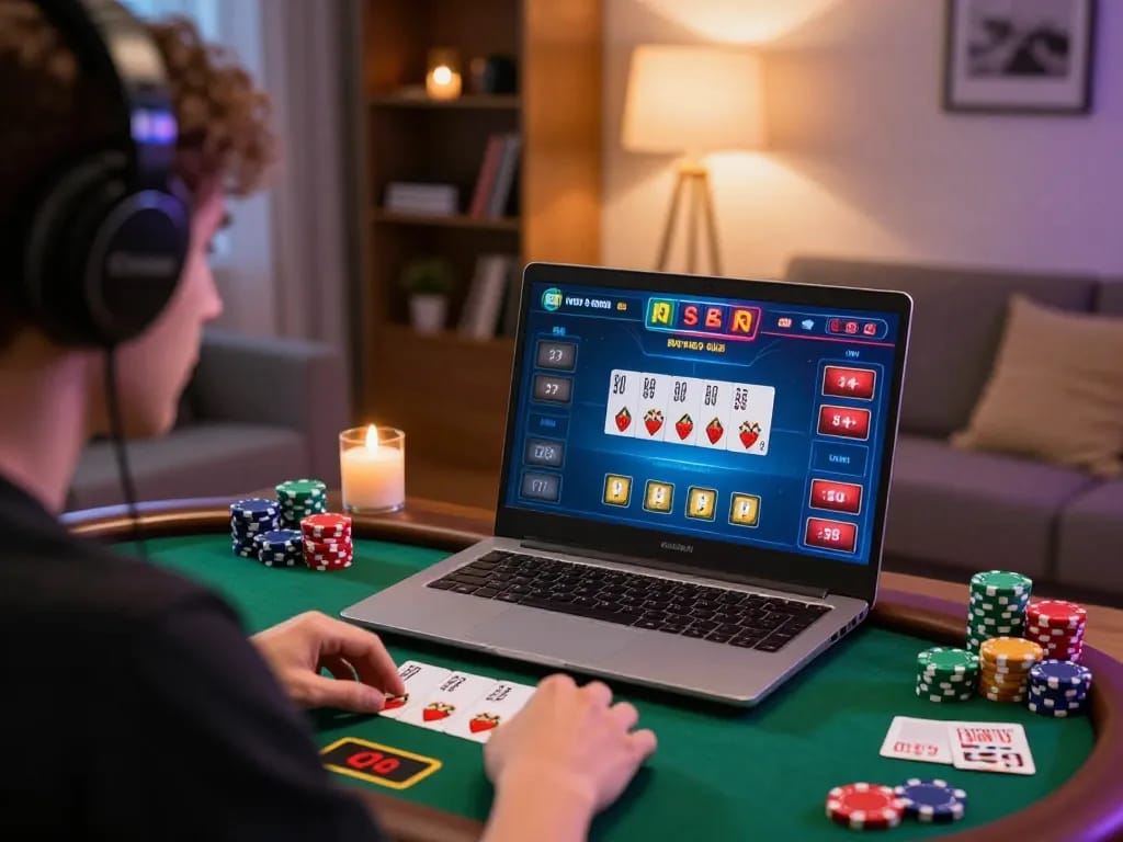 Player celebrating a win in five888 online casino poker game with vibrant home atmosphere