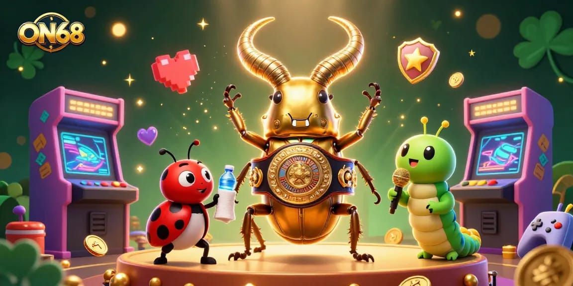 ON68 features a golden stag beetle boxing champion in a vibrant casino illustration.