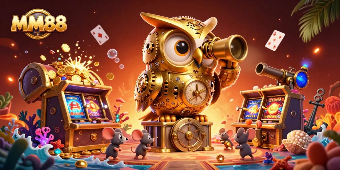 Experience thrilling games at MM88 with lively characters amidst a treasure-filled casino.