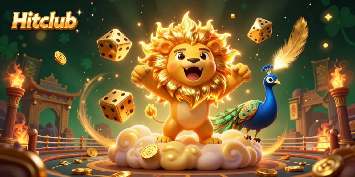 Hitclub features a roaring sun lion amid vibrant casino elements, capturing the thrill of gaming.