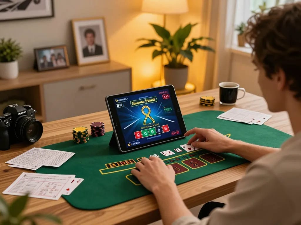Engaging online gaming session with Link mới Bom88 on tablet, showcasing live dealer blackjack.