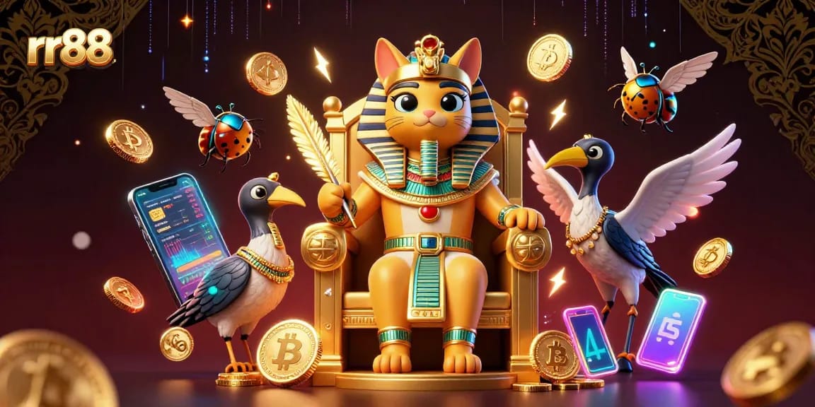 rr88 features a dynamic pharaoh cat on a throne, surrounded by neon crypto coins and casino elements.