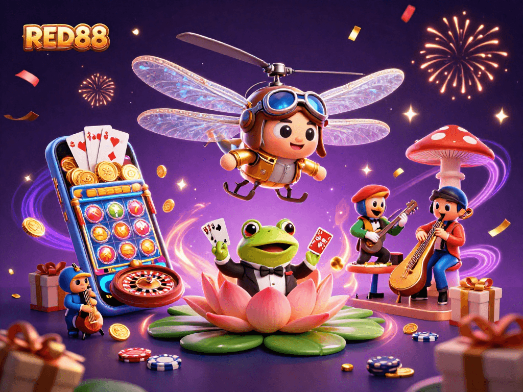 Experience the excitement of RED88 in a vibrant 3D casino setting, featuring unique characters and game elements.