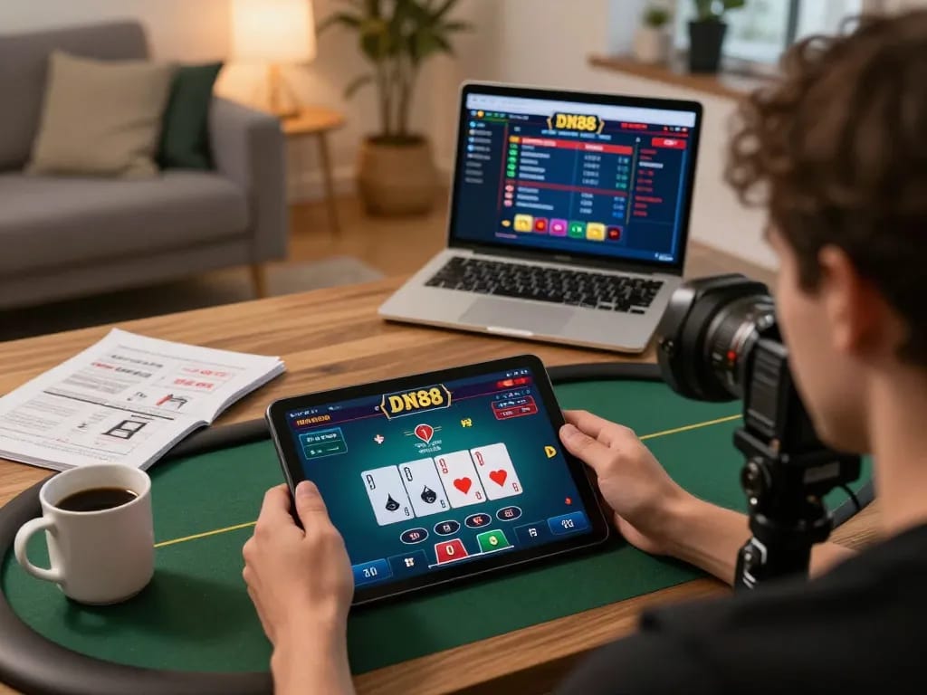 Engaging in DN88 online casino gaming on a tablet in a cozy home setup