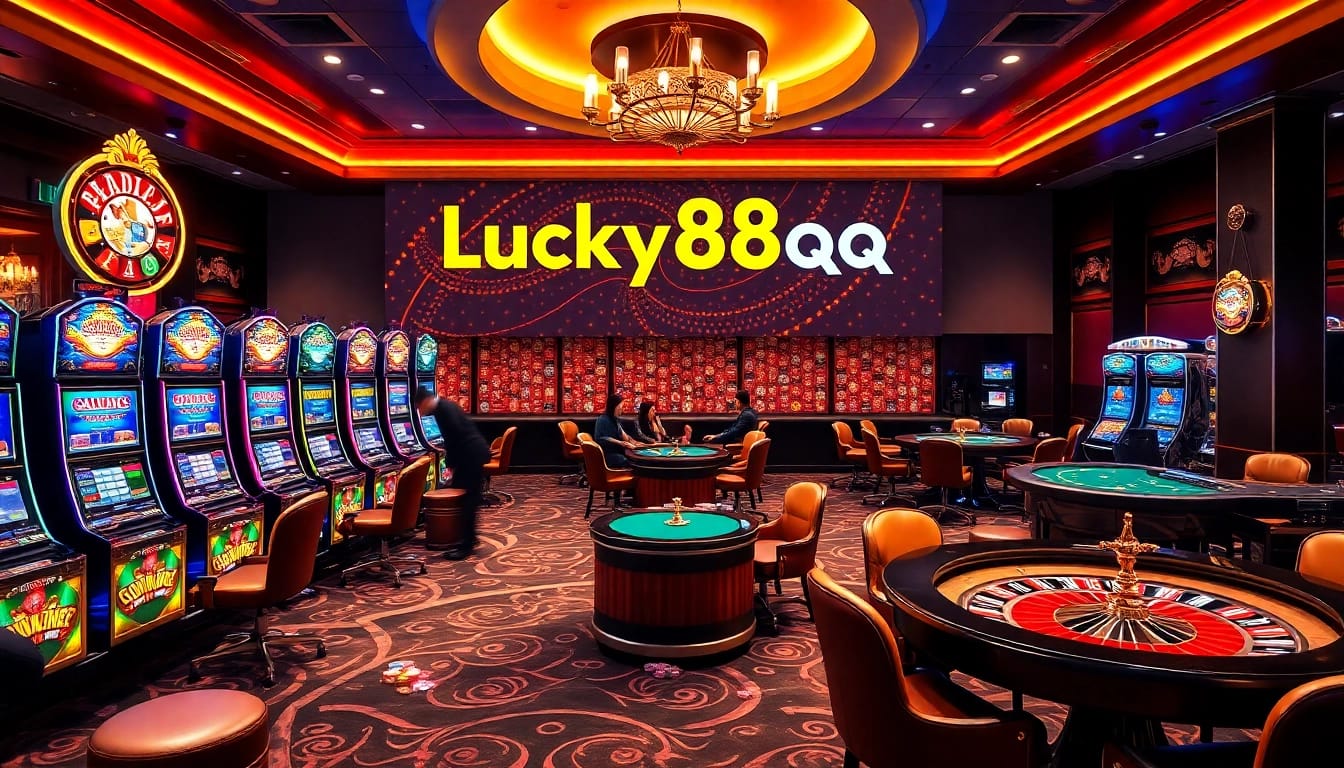 Experience the excitement of Lucky88qq in a vibrant casino setting, featuring luxurious slot machines and games.