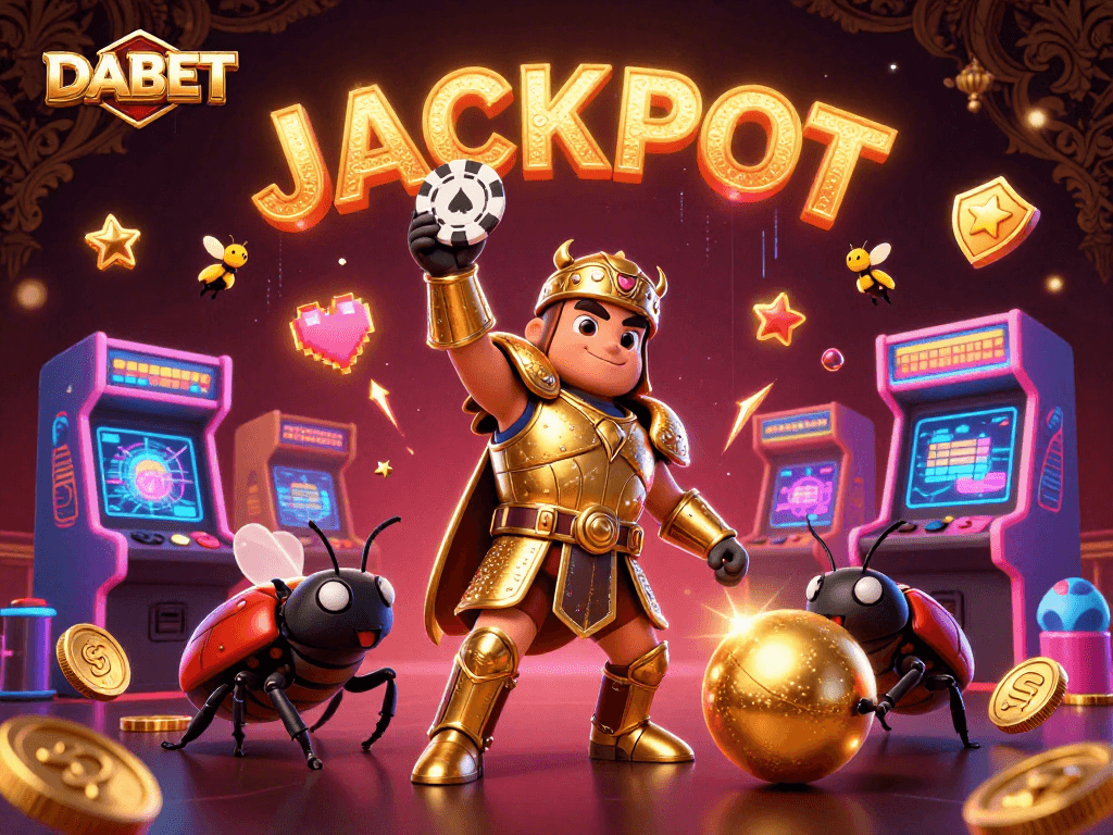 DABET unleashing a jackpot charm with a heroic beetle lifting a poker chip among vibrant casino elements