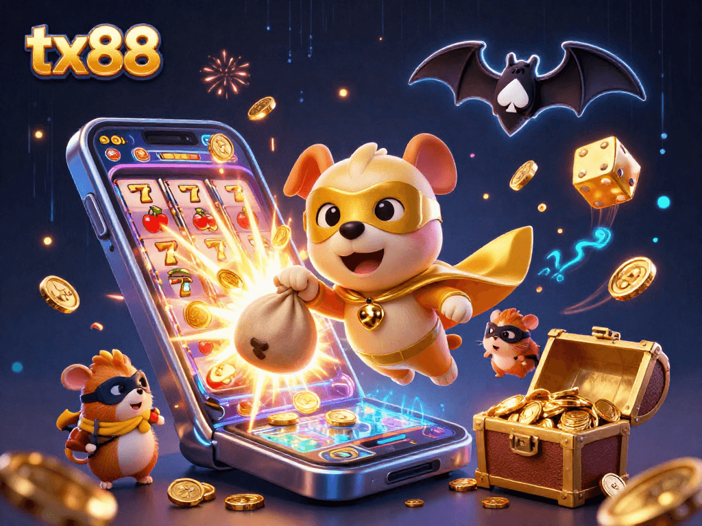 tx88 superhero dog flying with gold coins amid colorful casino elements
