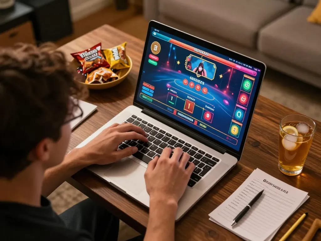 Link mới 9bet engaging player strategizing bets on laptop in a cozy home environment