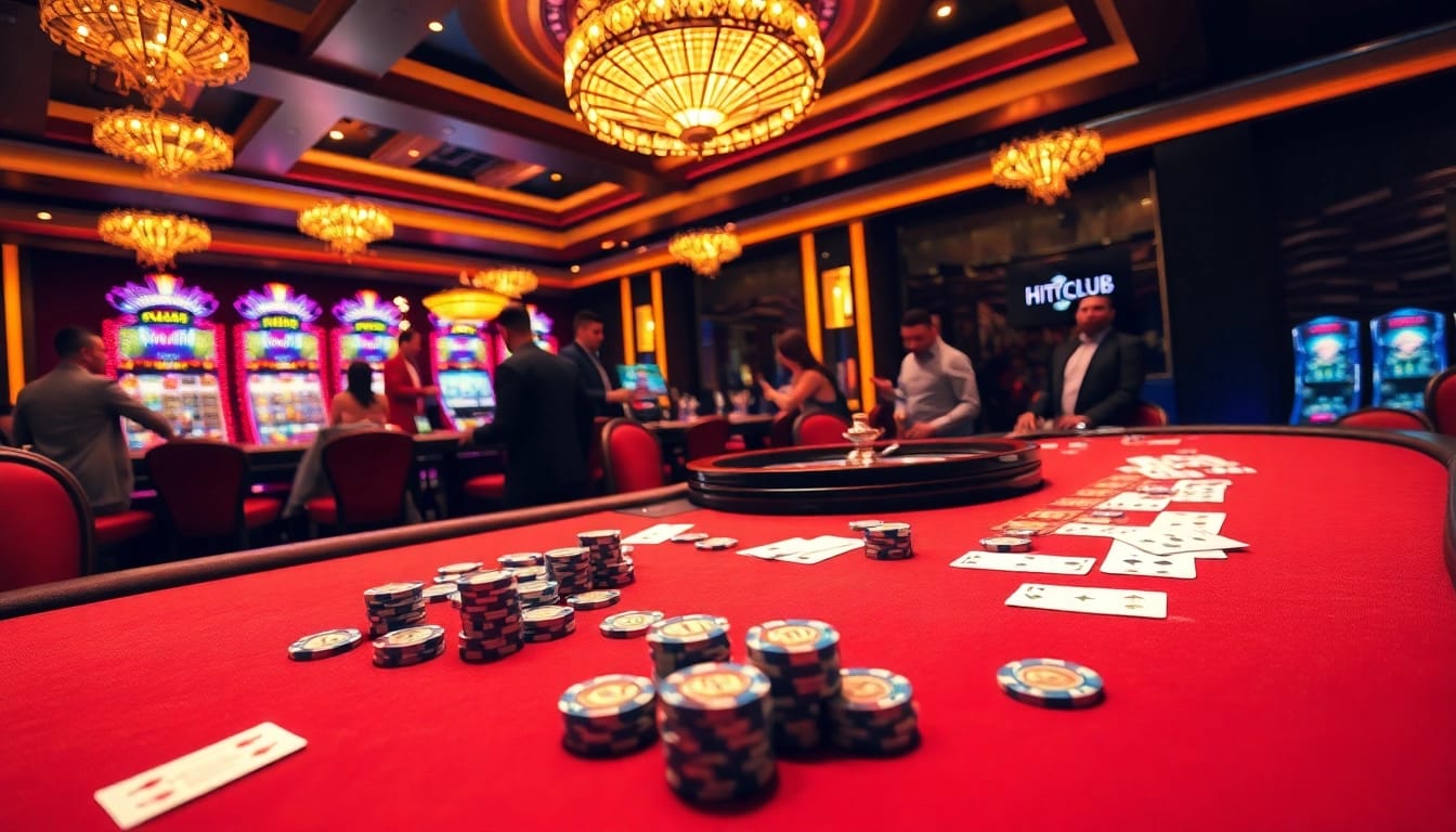 Experience the thrill of Hitclub with vibrant casino gameplay featuring poker chips and roulette.