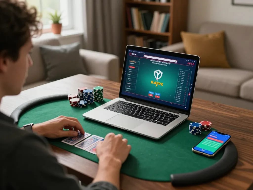 Engaging in online poker strategy with 7me app on laptop in a cozy home setting.