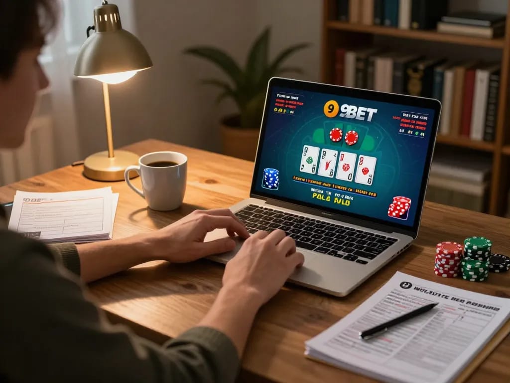 Experience online gaming at 9BET with a player engaged in live blackjack at home.