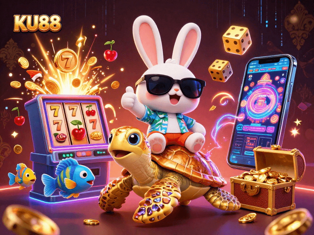 Engage with KU88's vibrant casino world featuring a lucky rabbit and golden turtle amidst dynamic game elements.