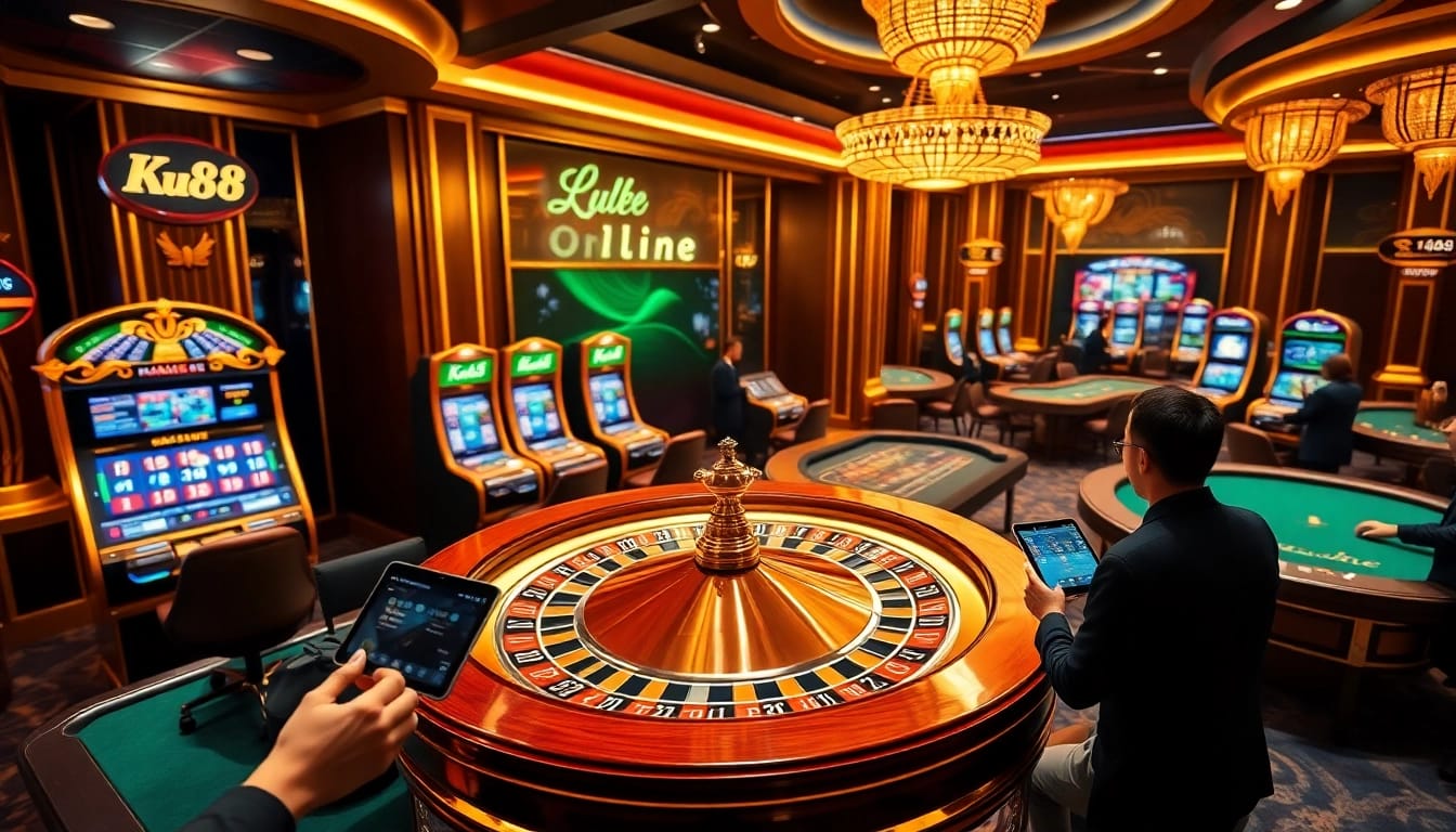 Experience thrilling games and interactive betting at Ku88 online, featuring elegant casino elements.
