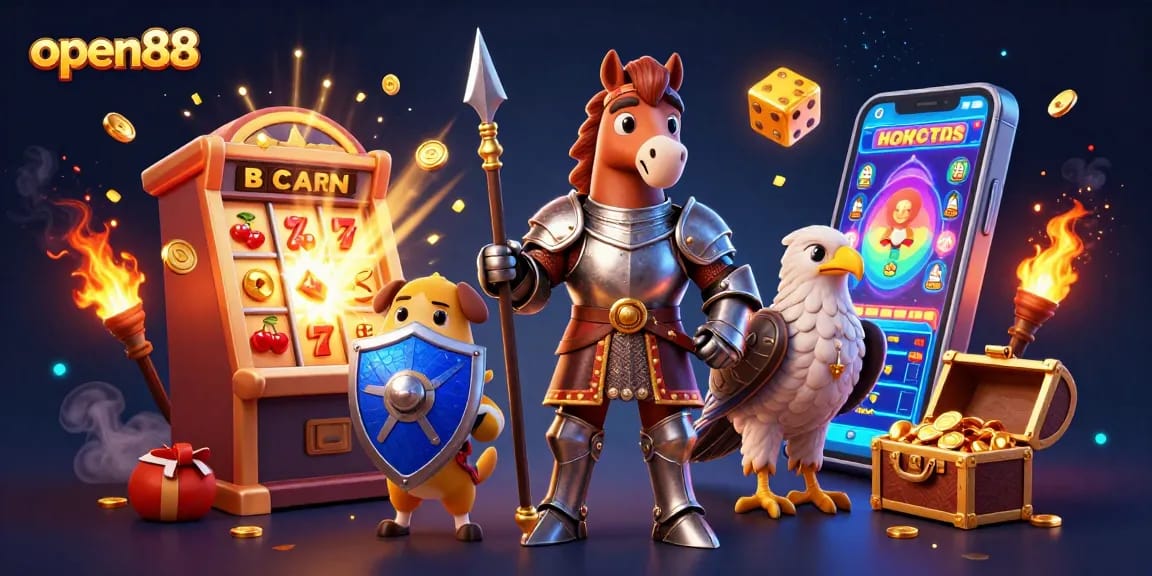 Play exciting games at open88 with a dynamic scene of a knight and a puppy amidst casino elements.
