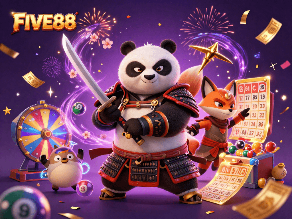 Win big with FIVE88 as a fierce samurai panda and friends celebrate in a colorful casino scene.
