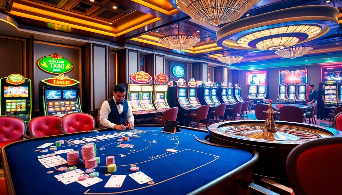 Experience excitement at Nhà Cái TX88 with a vibrant casino table featuring colorful chips and cards.