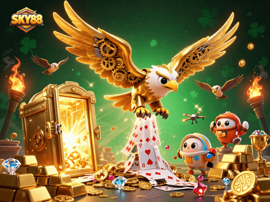 Experience thrilling action with SKY88, as the cybernetic eagle dives through holographic cards amidst a treasure explosion.