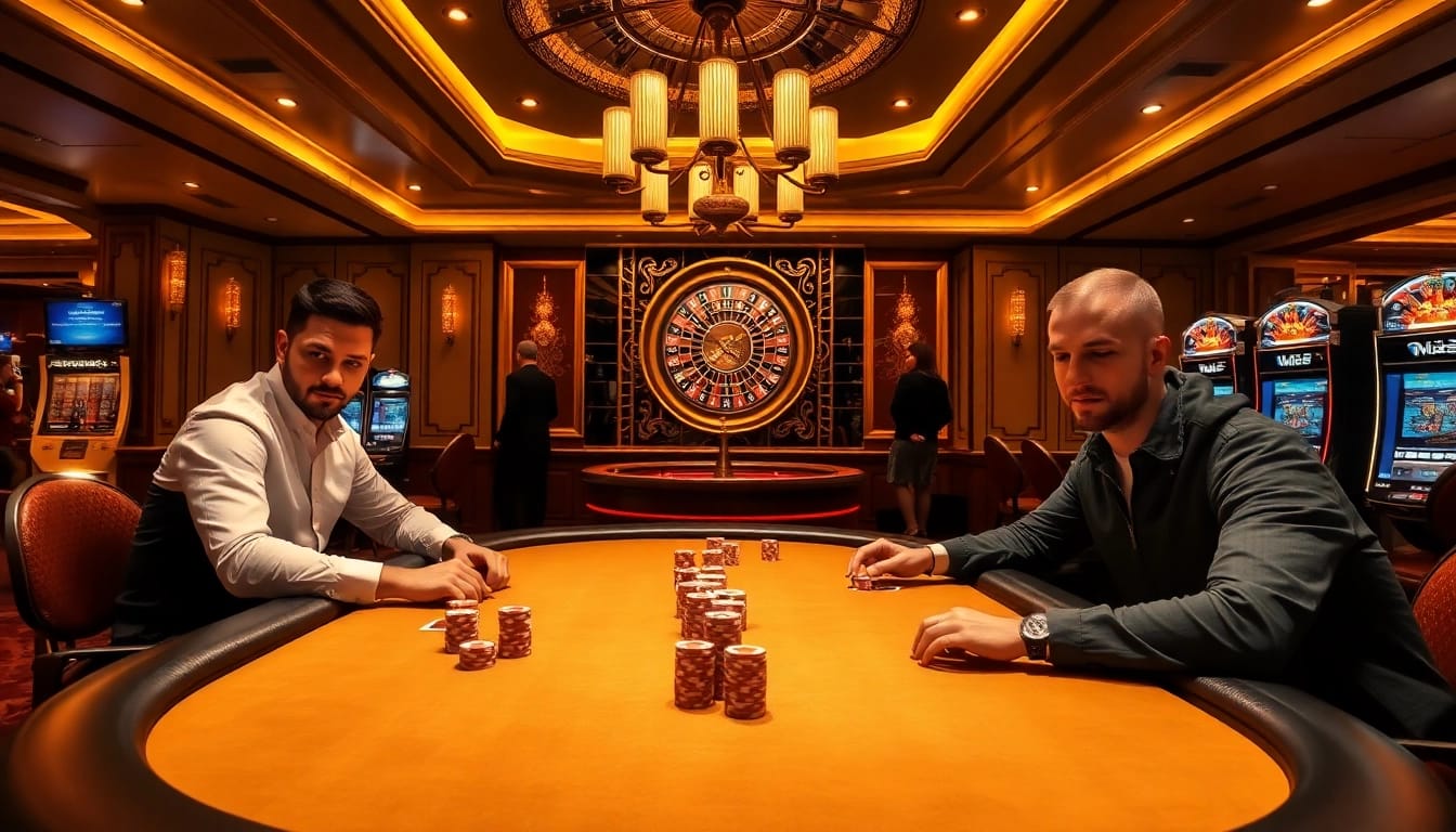 Men clubbing at a poker table in a luxurious casino setting, showcasing excitement and strategy.