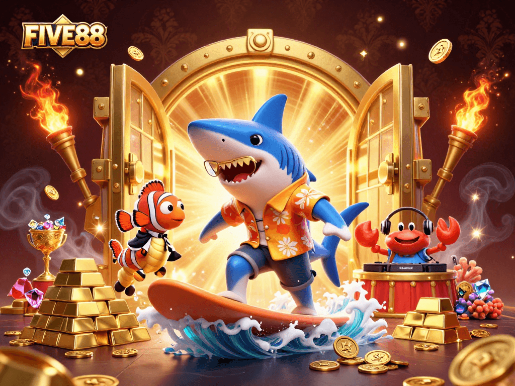 FIVE88 creates winning moments with a cartoon shark surfing on gold coins amid vibrant casino elements.