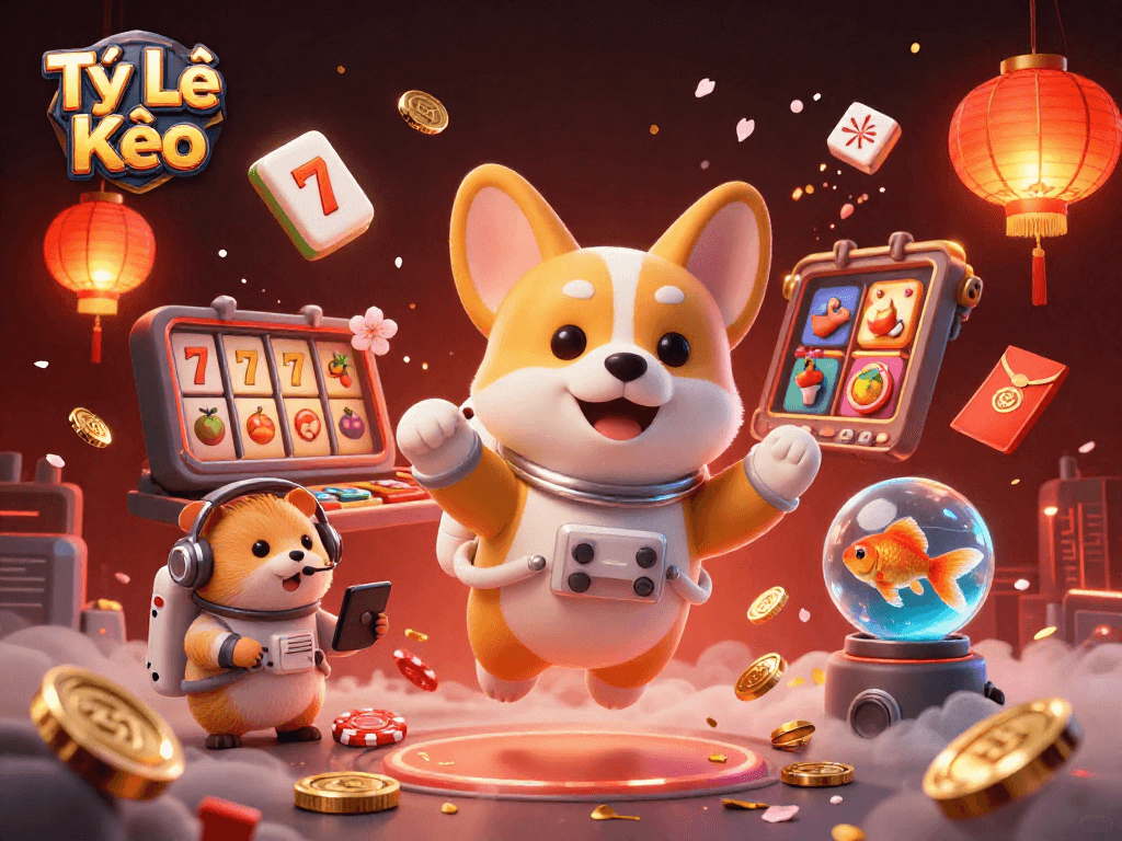 Tỷ Lệ Kèo boosts excitement with a vibrant illustration of a 3D astronaut corgi in a space casino.