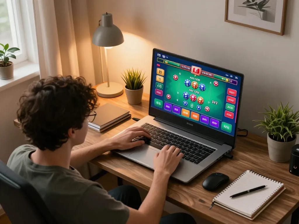 xóc đĩa online gaming setup with player engaged at laptop, showcasing vibrant game interface