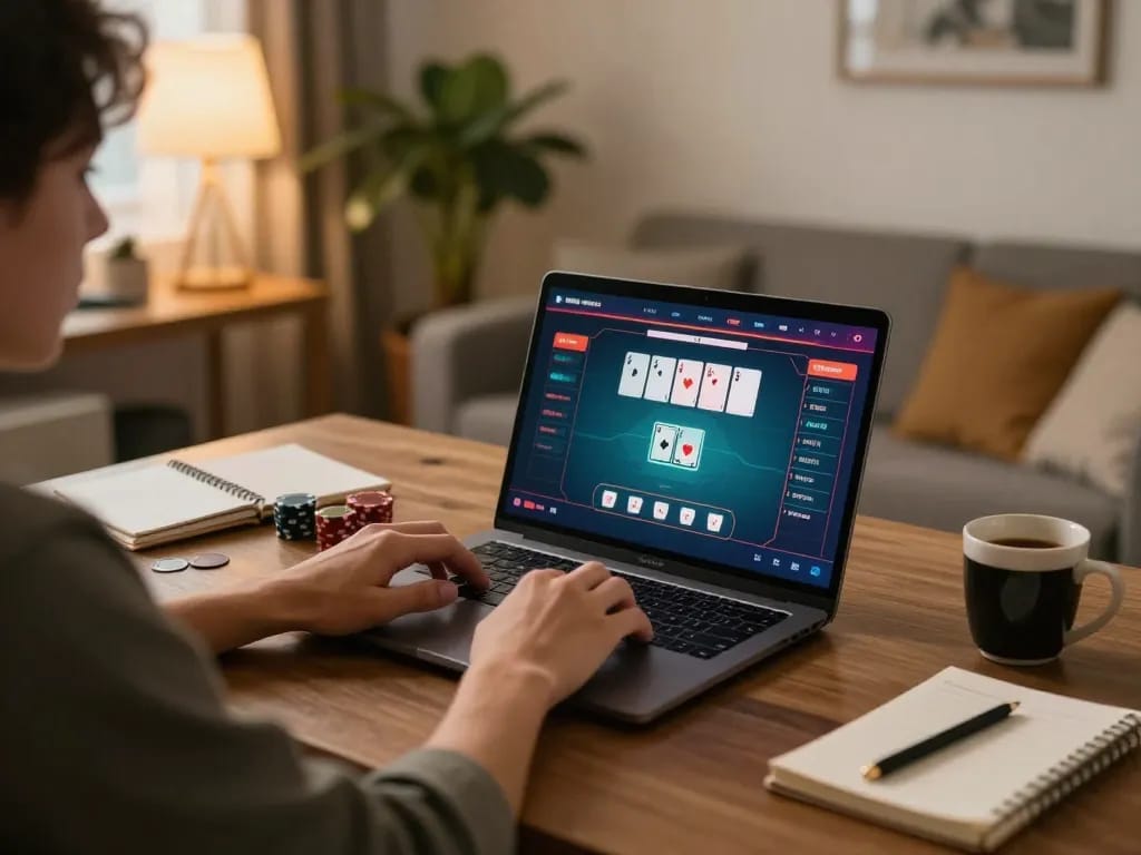 B52CLUB user engaged in online gaming, showcasing poker strategies with a cozy home setup
