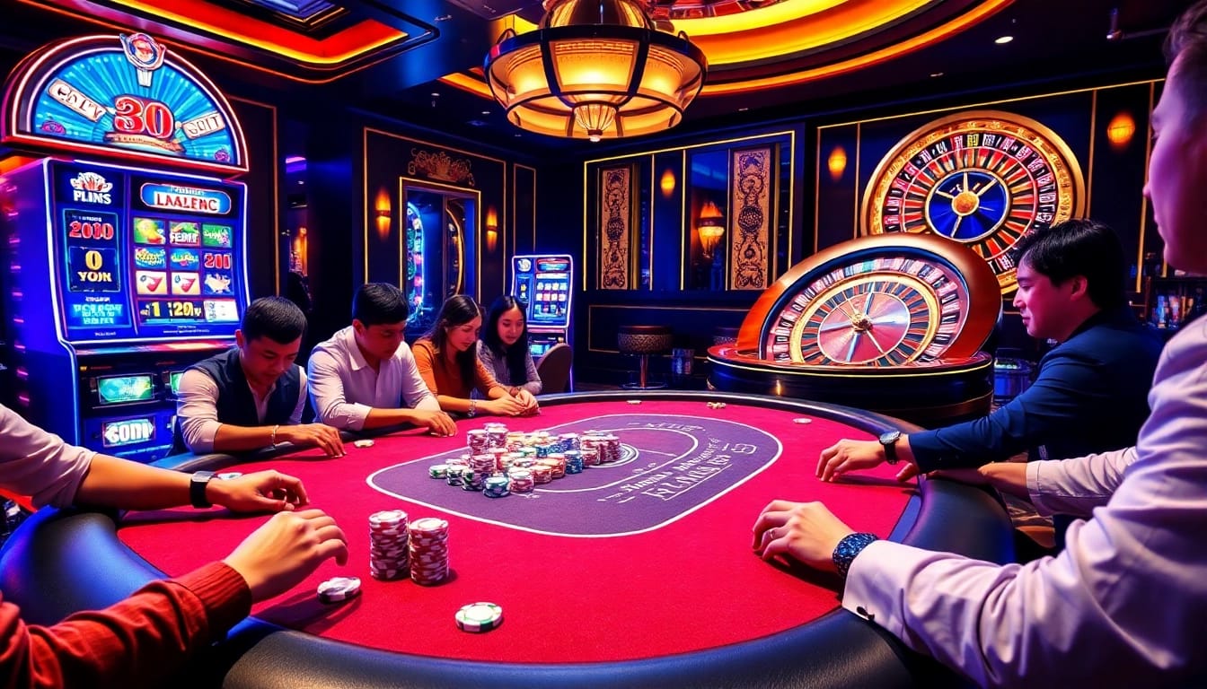 Engaging poker players at nhà cái vin88 with vibrant chips and an exciting roulette wheel.