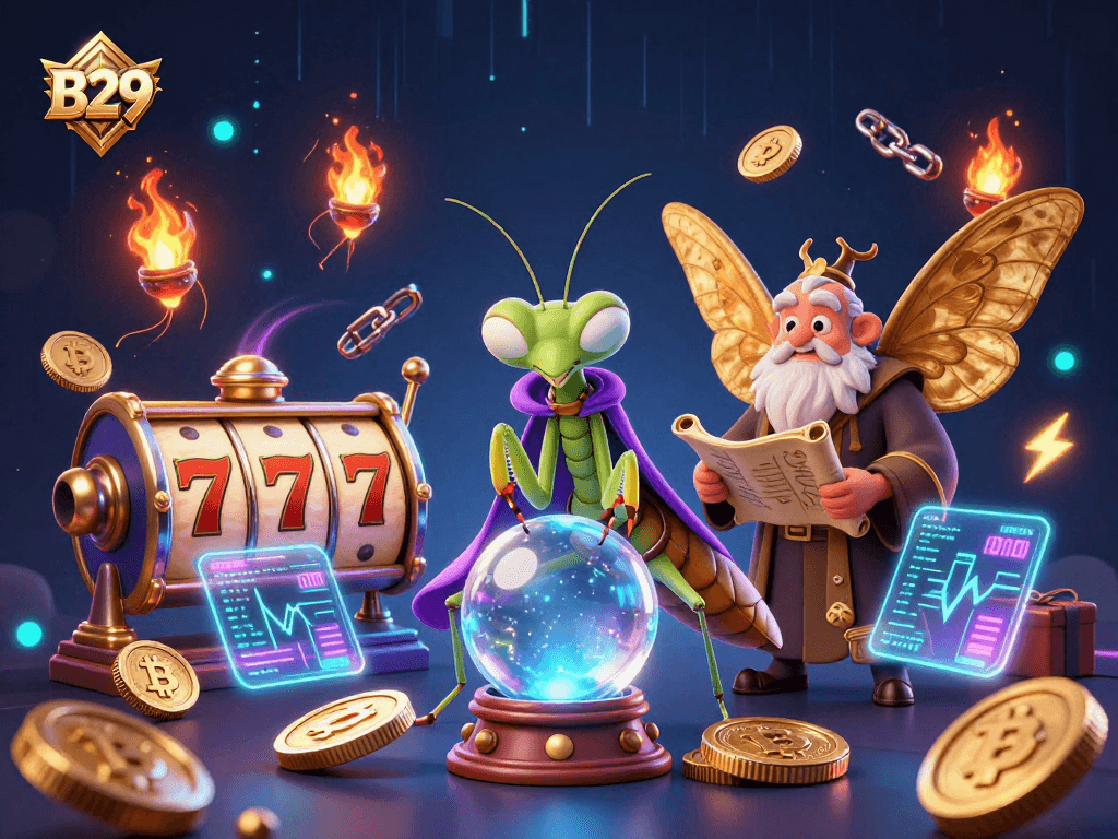B29 features players engaging with slot reels and crypto-inspired elements in an engaging 3D scene.