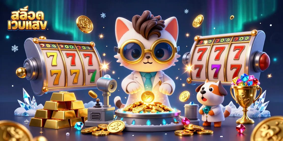Experience สล็อตเว็บตรง excitement with a 3D mad scientist cat creating gold coins amidst slot machines.