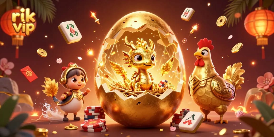 Experience thrilling wins in rik vip's vibrant casino world filled with a golden dragon and poker chips.