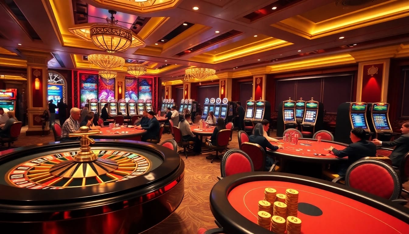 Excited gamblers strategizing in a luxurious casino scene at nhà cái nk88.