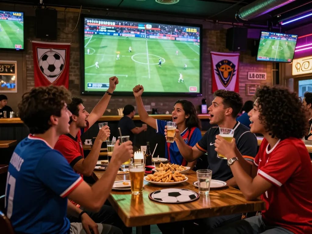 Football fans at LuongSonTV enjoying a live match in an urban bar, showcasing vibrant atmosphere and team spirit.