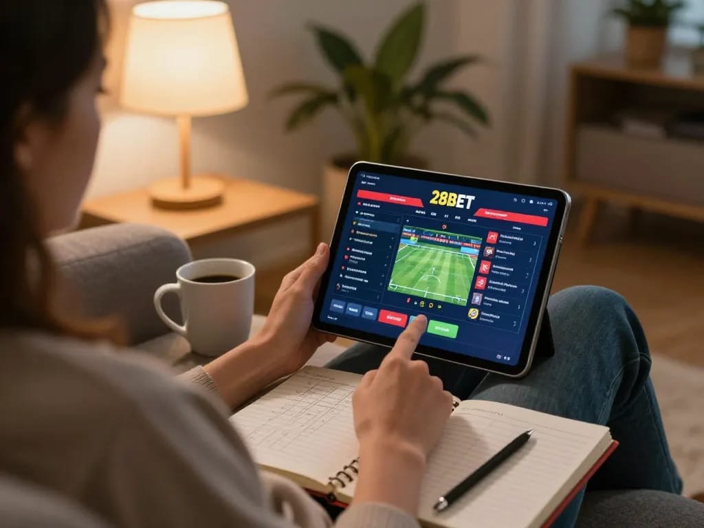 Enjoying a thrilling betting experience on 28BET while relaxing at home.