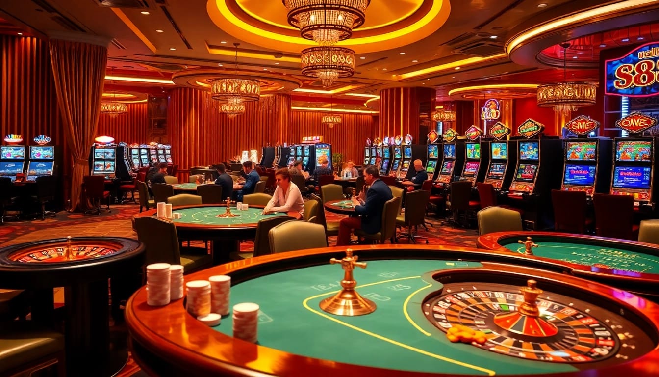 A thrilling casino scene with players at poker tables showcasing s8s gaming excitement and strategic betting.