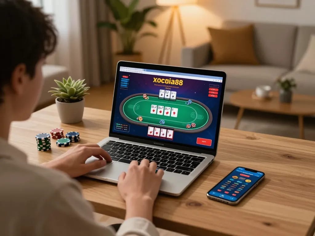 xocdia88 gameplay in a stylish home setup with cards and chips enhancing the experience.