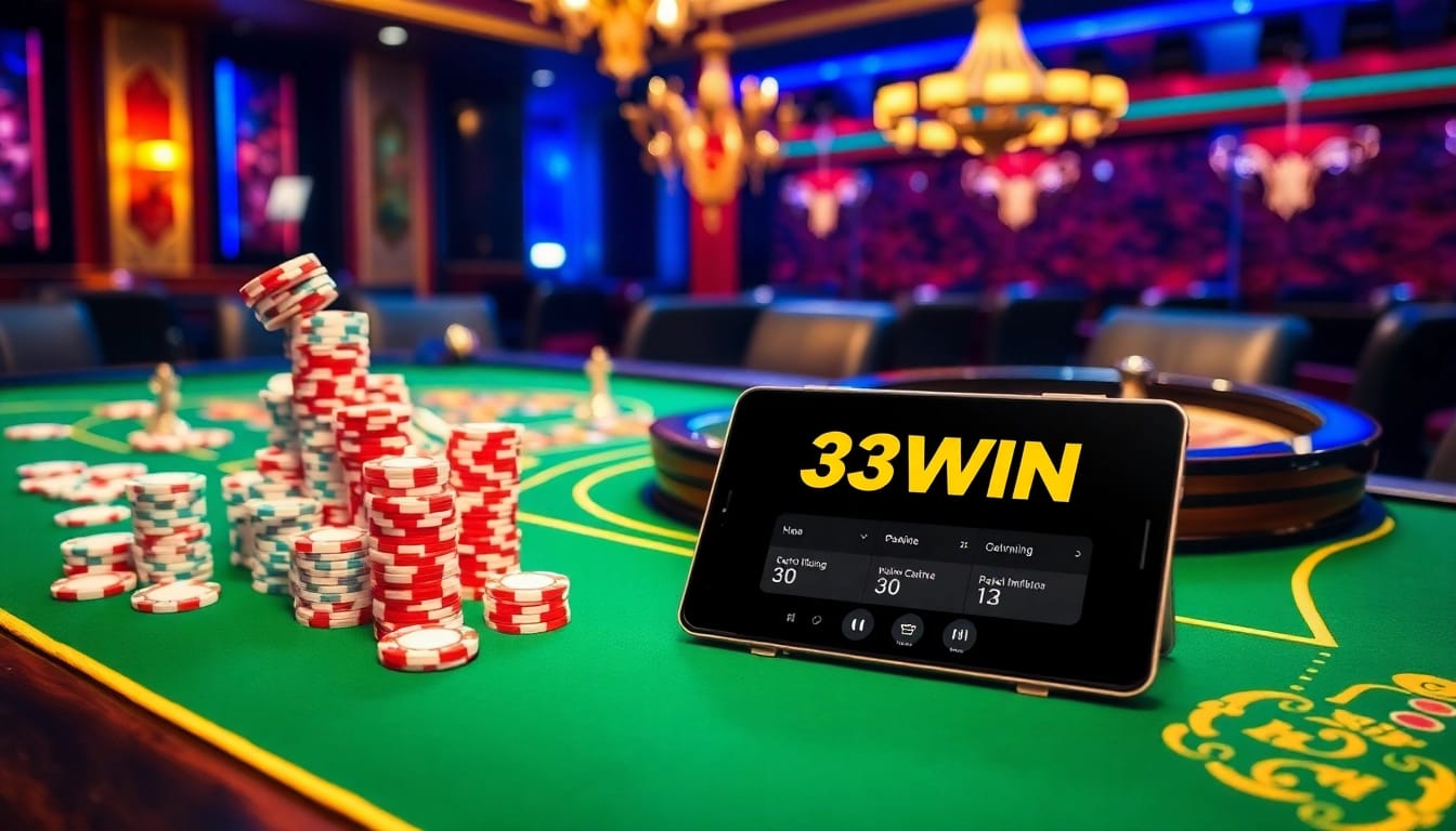A thrilling gaming scene at 33WIN showcasing luxury casino elements, vibrant colors, and a roulette wheel in action.