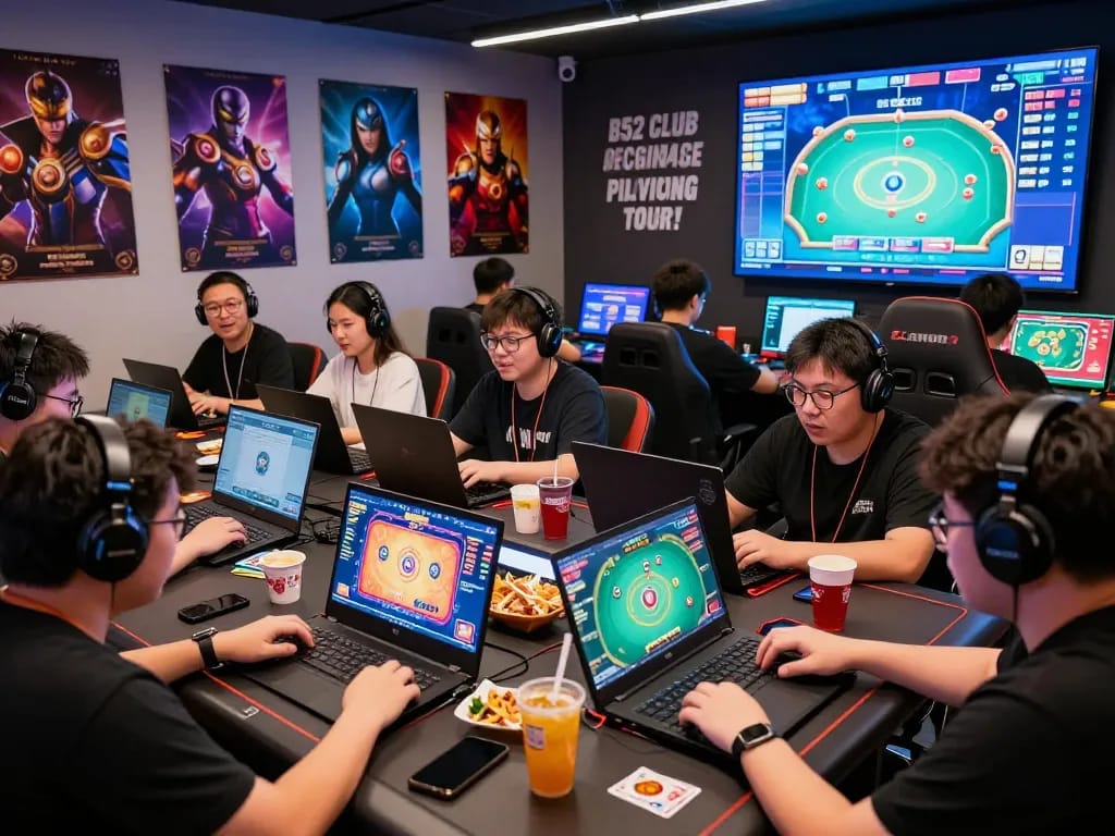 B52 Club gaming scene with players enjoying card games on multiple devices, highlighting intense engagement.