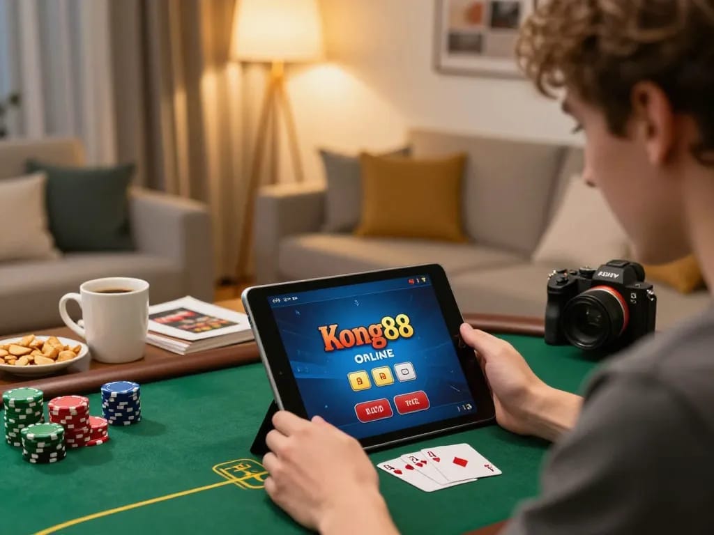 Engaging scene of an individual playing kong88 online poker game on a tablet, showcasing a cozy home atmosphere.