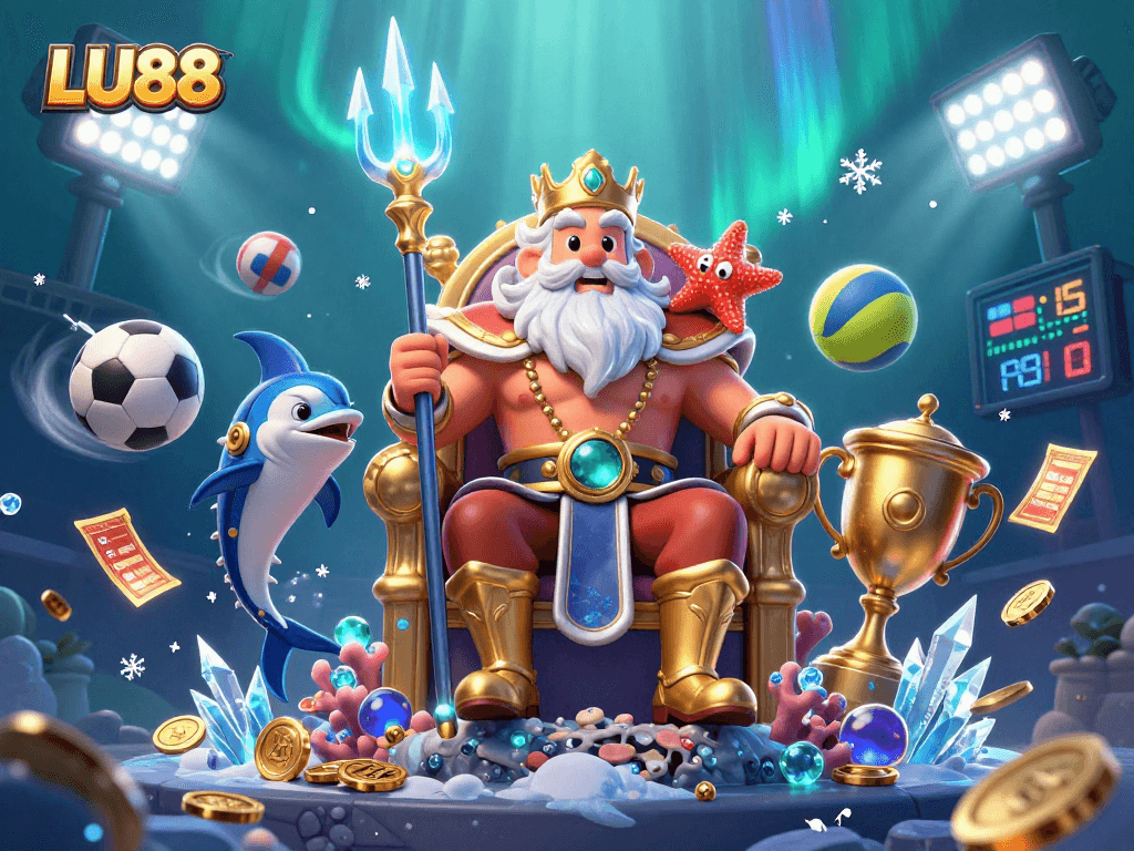 LU88 showcases a vibrant 3D sea king Neptune amid dynamic sports elements, perfect for bettors.
