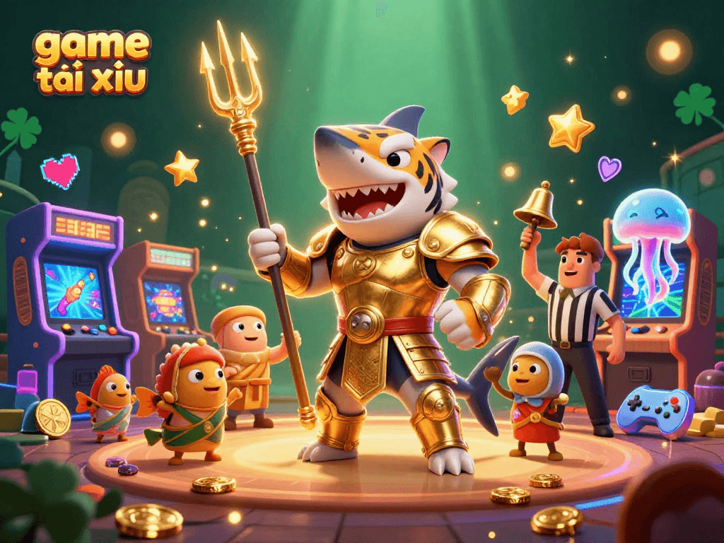 Engage in game tài xỉu with a dynamic underwater casino scene featuring a gladiator shark and arcade games.