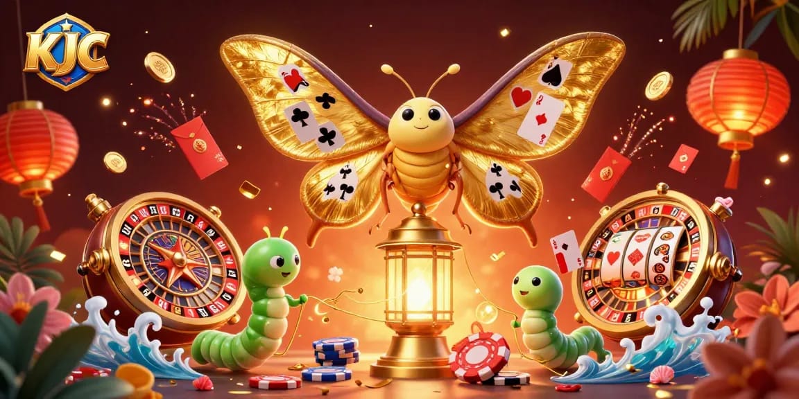 KJC casino scene with a vibrant 3D moth and playful gaming elements sparking excitement.