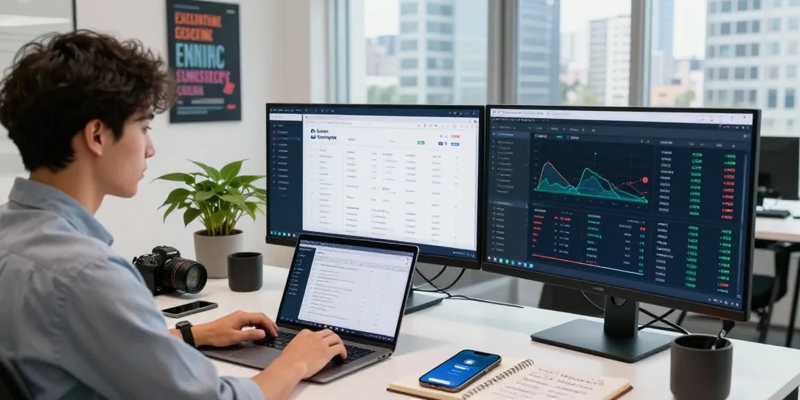 Professional setting showcasing BungeeExchange interface with market data, modern desk setup.