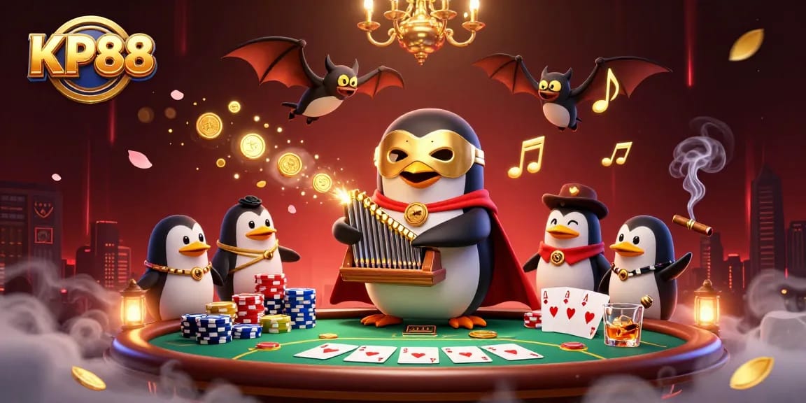 Experience thrilling gameplay with KP88 as a penguin triumphs at the poker table surrounded by gold coins.