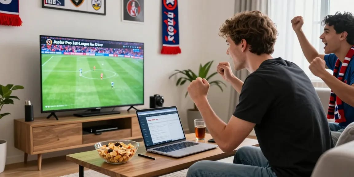 Jupiler Pro League wedden in een gezellige woonkamer tijdens een spannende voetbalwedstrijd.