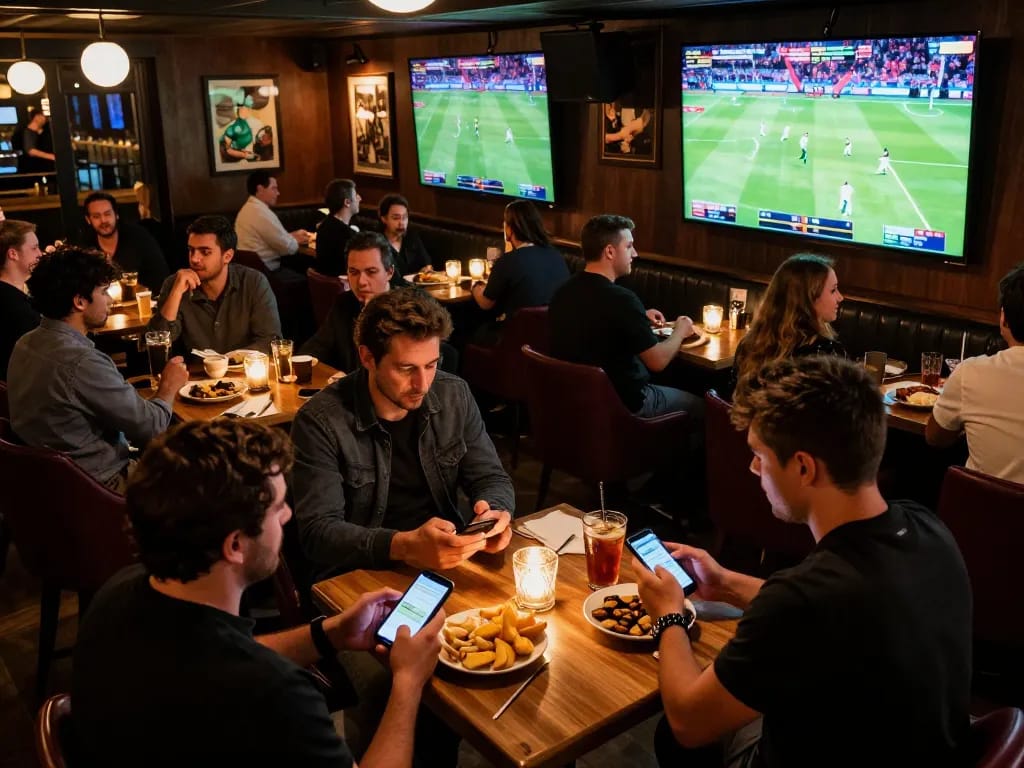 Patrons engaged in dynamic sports betting activities at upscale venue with Da88 app visible on phones.